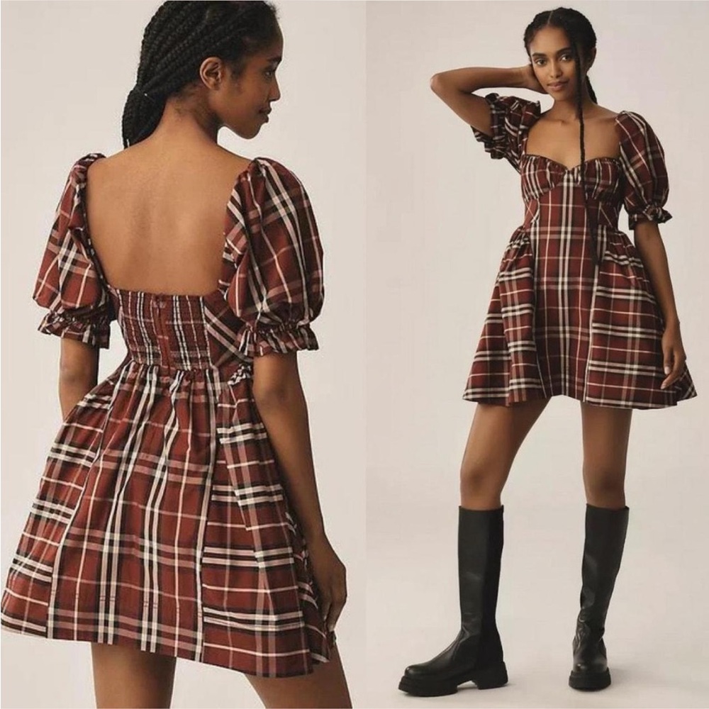 MAEVE by ANTHROPOLOGY Plaid Puff Sleeve Dress